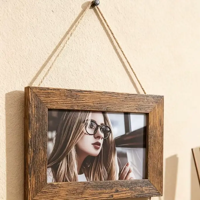 Collage de cadres photo muraux vintage en bois avec corde de chanvre, idéal pour la décoration murale des salons, chambres et dortoirs