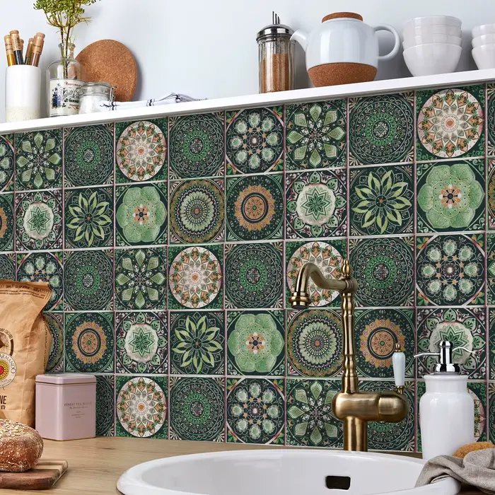 Autocollants de carrelage auto-adhésifs brillants à motif rétro Mandala, 24 pièces, pour cuisine et 