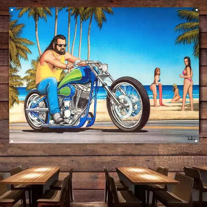Bannière d'équitation de moto vintage, décoration murale, affiche, peinture de voiture, homme de gar