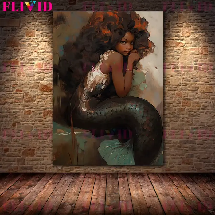 Sirène sur le récif vintage peinture à l'huile sur toile, impression antique, affiche d'art Dark Aca