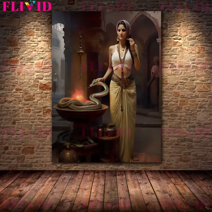 Toile d'art mural Vintage la belle fille indienne et le serpent, peinture la fille jouant avec des s