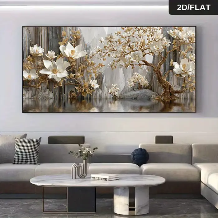 Peinture sur toile florale dorée abstraite moderne sans cadre, paysage Floral blanc et doré, décorat