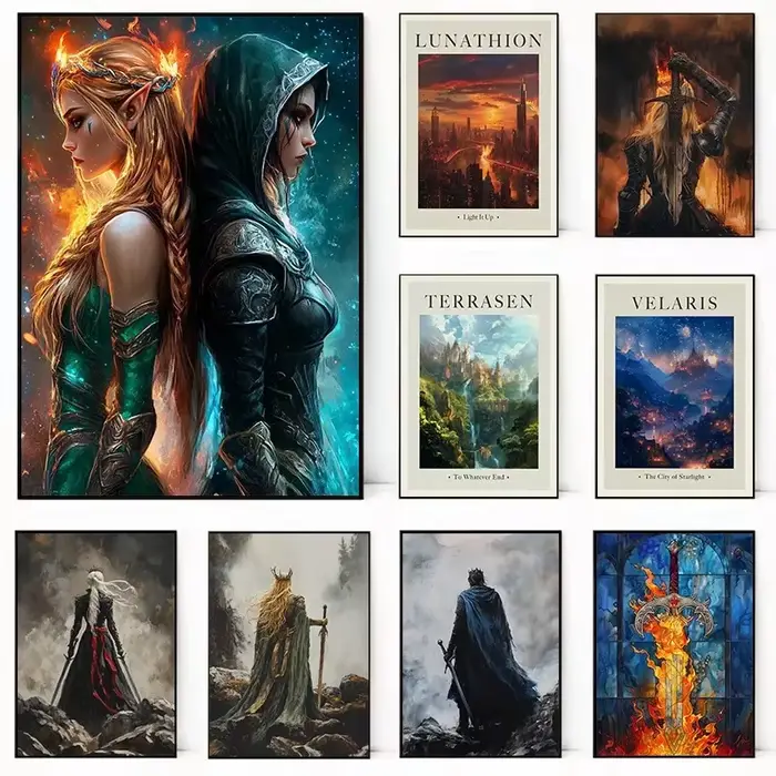 Sarah J Maas Throne of Glass – Affiche rétro sur toile avec scène et personnage de livre de fantasy classique
