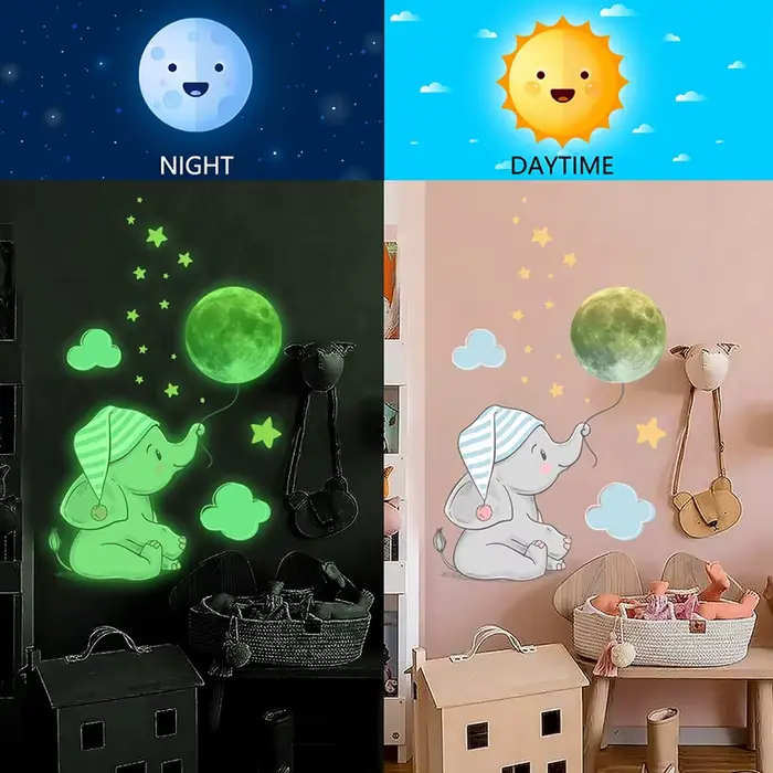 Autocollant mural lumineux bébé éléphant lune