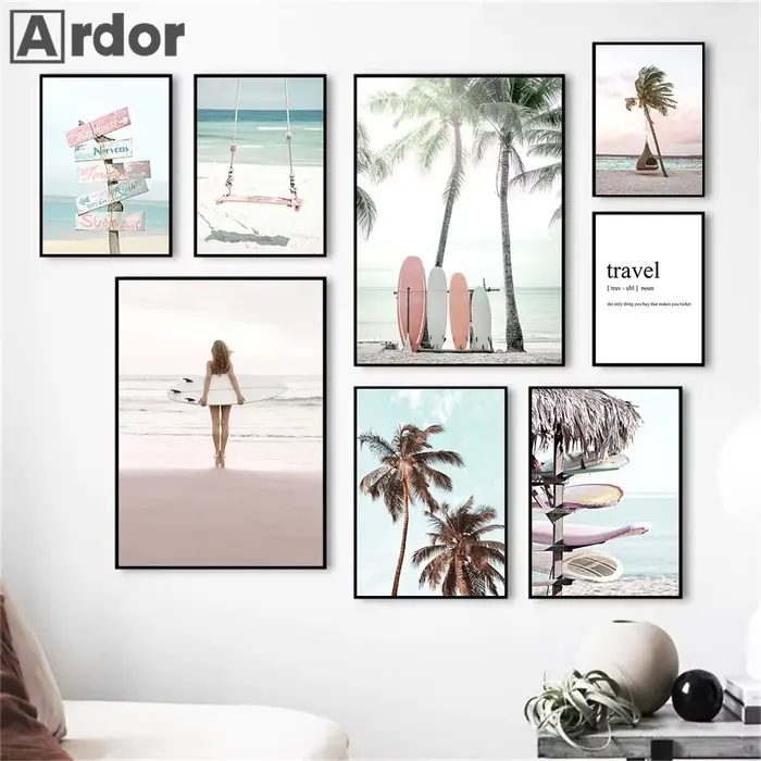 Étoile de mer coquille Surf fille peinture plage palmier planche