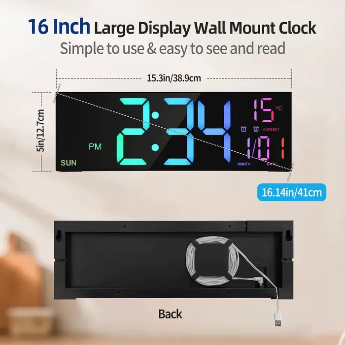 Grande horloge murale numérique 16.2 pouces