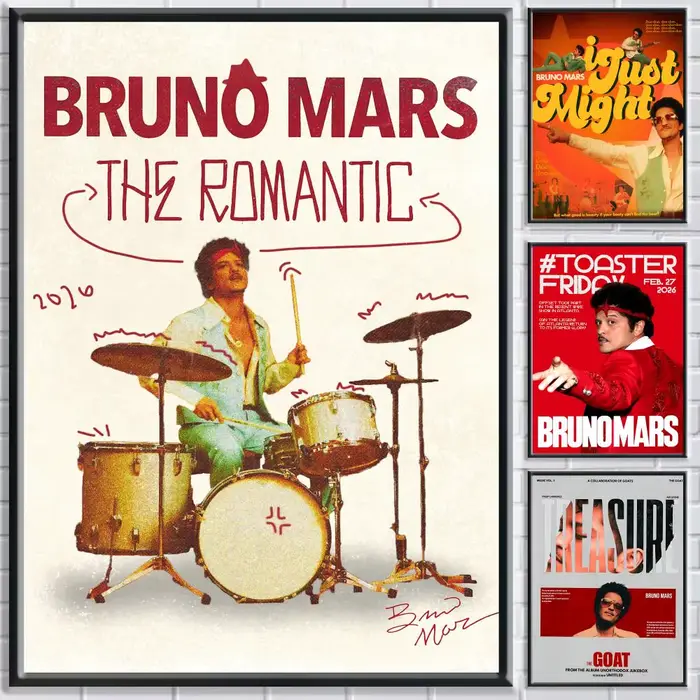 Affiche de l'album The Romantic du chanteur Bruno Mars, décoration autocollante pour chambre à coucher, salon, bureau et plus encore + cadeau parfait