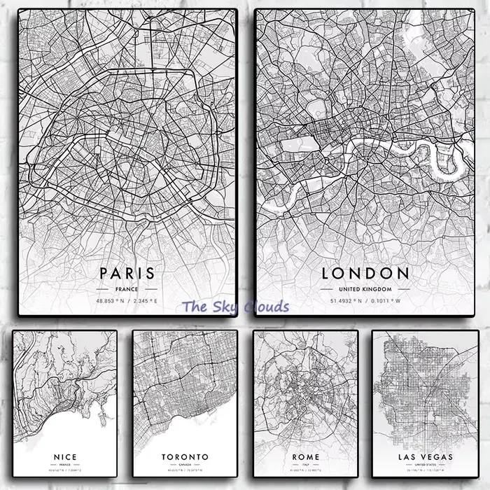 Carte de ville Paris New York toile peinture affiche HD imprimé noir et blanc