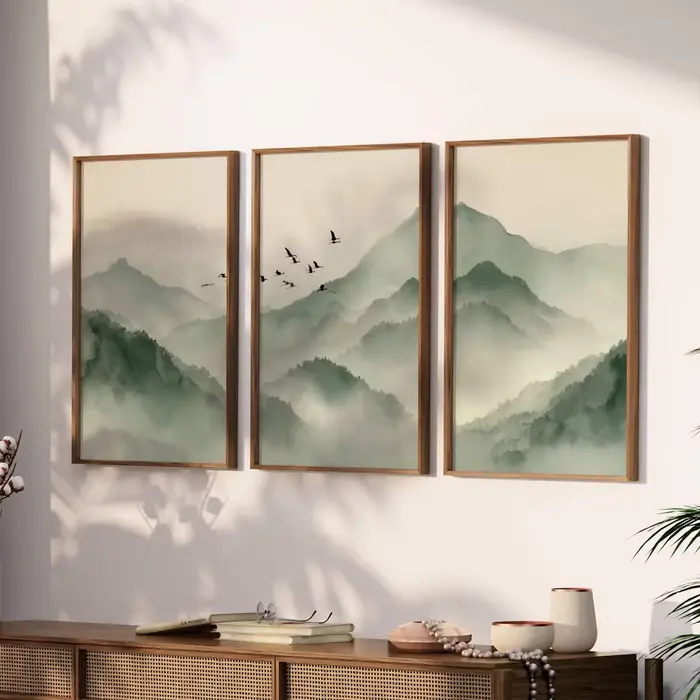 Lot de 3 tableaux muraux vert sauge - Triptyque d'impressions Japandi sur toile pour la décoration de la pièce