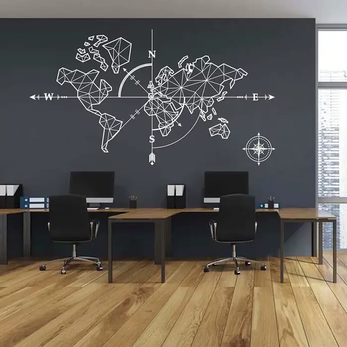 Stickers muraux en vinyle avec carte du monde et boussole