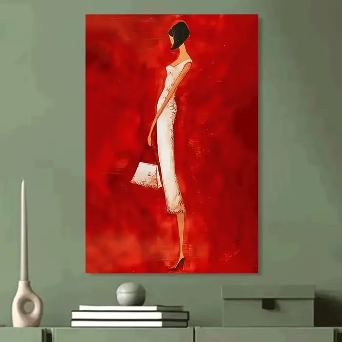 Affiche imprimée de femme abstraite moderne en robe blanche, peinture sur toile rouge vif, tableau d'art mural pour salon, décoration de maison, cadeau
