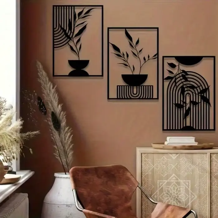 Ensemble de 3 pièces d'art mural en métal et fer noir