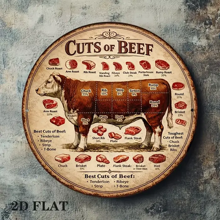 Panneau en aluminium rond 2D plat rétro avec tableau de découpe de viande - Guide