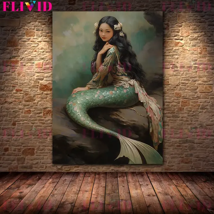 Sirène sur le récif vintage peinture à l'huile sur toile