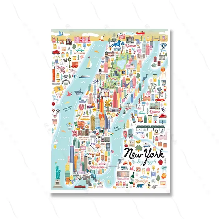Affiche murale d'art de la carte de pomme Manhattan de New York, décor d'illustration fantaisiste im