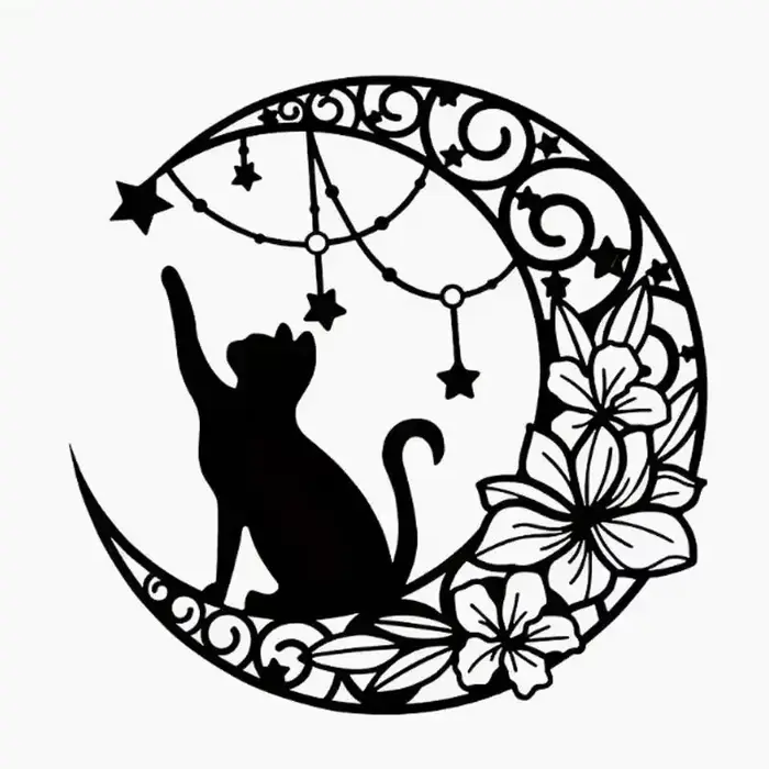 Décoration murale en fer simple avec silhouette de chat noir et lune, artisanat mural, décoration mu