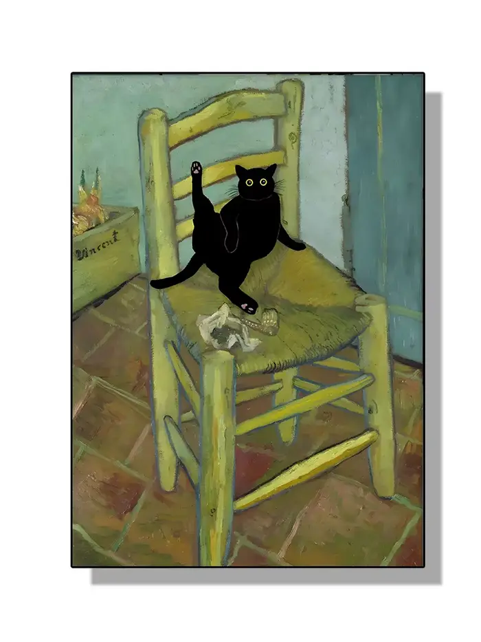 Peintures célèbres Mona Lisa nuit étoilée avec drôle chat noir affiche toile peinture tournesol Repr