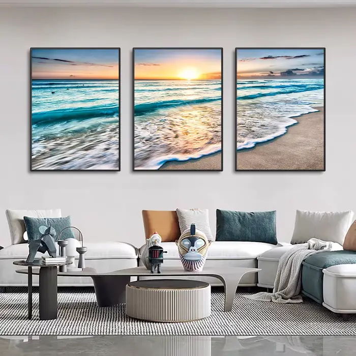 Toile de peinture moderne ondulée plage coucher de soleil