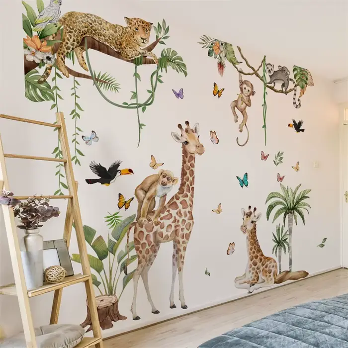 Grands autocollants muraux animaux de la forêt chambre d'enfants Jungle Safari girafe singe stickers