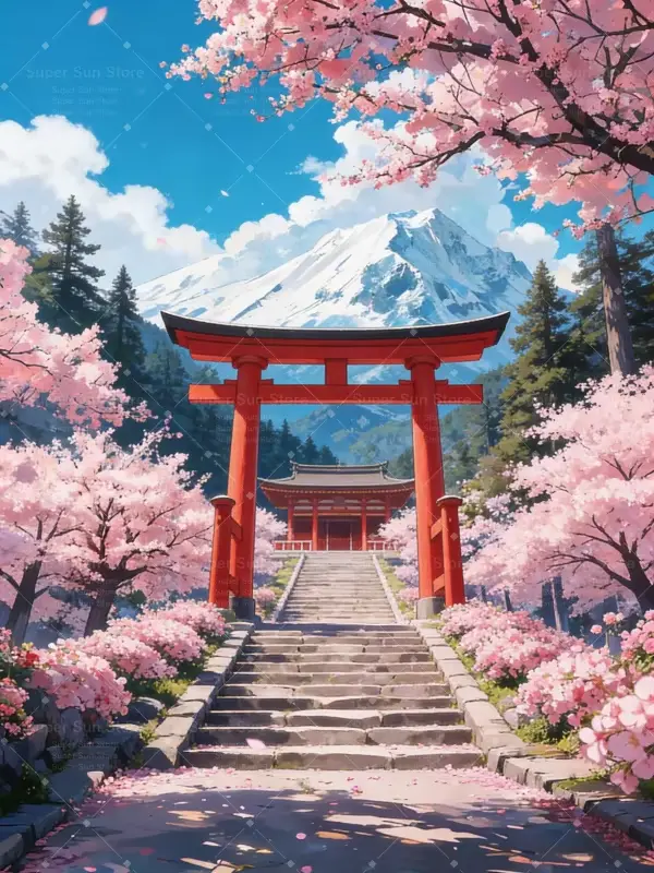 Affiche imprimée du village de cerisiers japonais, mont Fuji, fleurs roses, arbre Sakura, chemin de