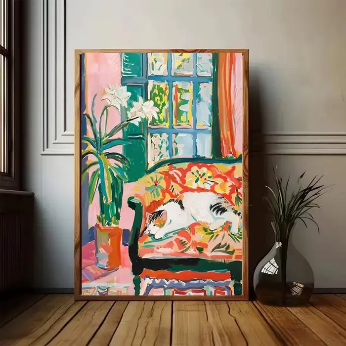 Affiche d'art chat noir léopard couché canapé toile peinture impression mur salon décor à la maison femme