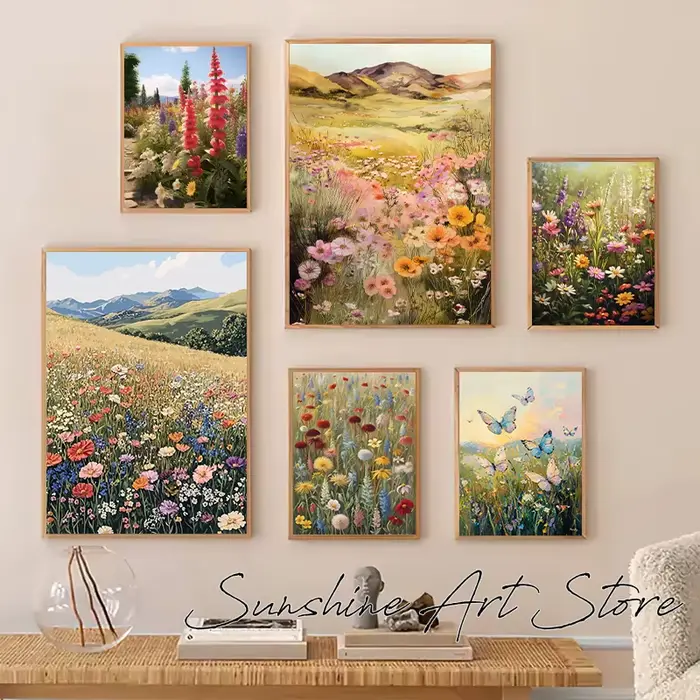 Peinture à l'huile Vintage de fleurs sauvages de prairie, fleurs sauvages colorées, affiche d'art au sol botanique, peinture sur toile, images murales, décoration de maison