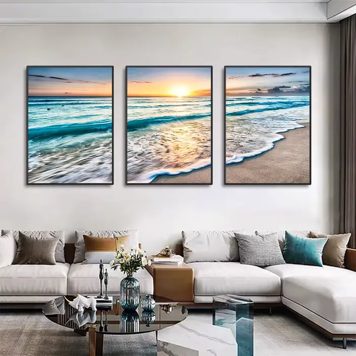 Toile de peinture moderne ondulée plage coucher de soleil