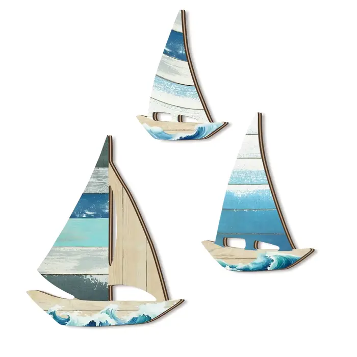 1 ensemble de décorations murales en bois en forme de voilier bleu style océan 2D