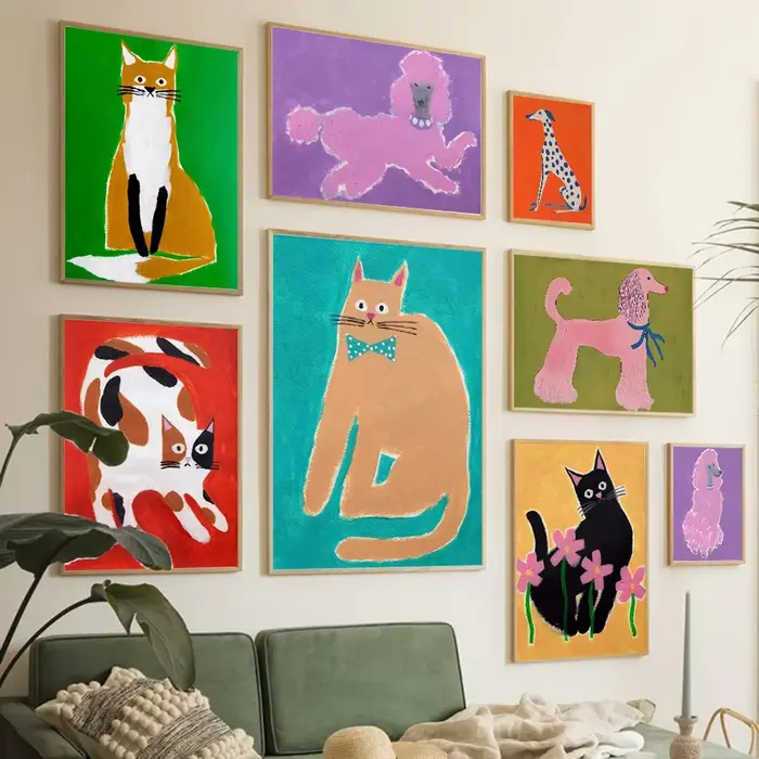 Poodle rose fantaisie chat chien Art impression peinture affiches abstraites contemporaines pépinière enfants chambre d'enfants Dopamine décor à la maison