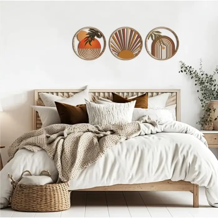 Lot de 3 décorations murales bohèmes en bois rondes ajourées
