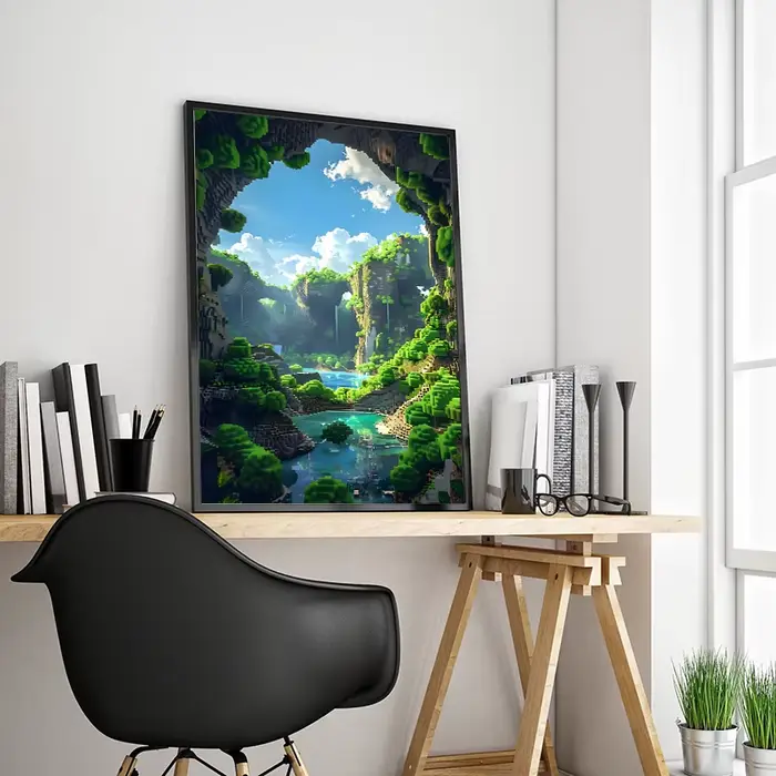 Affiche sur toile style paysage de monde pixelisé de jeu vidéo
