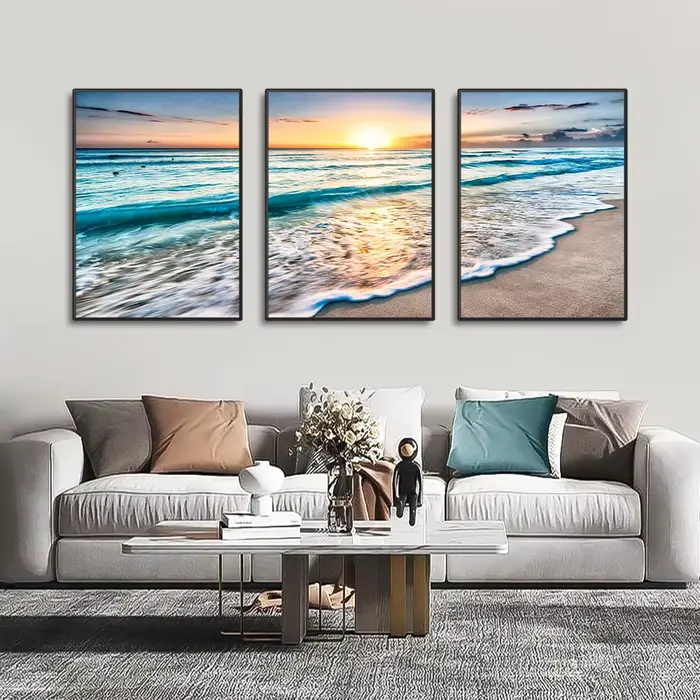 Toile de peinture moderne ondulée plage coucher de soleil
