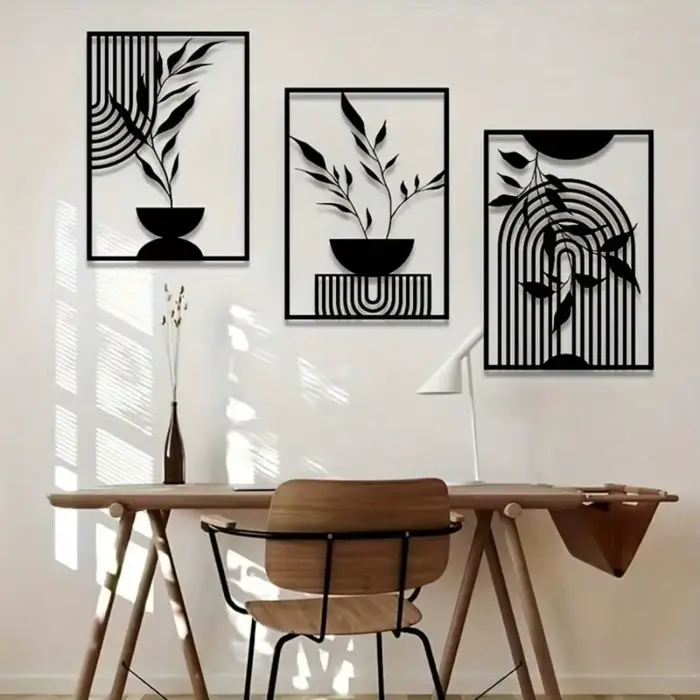 Ensemble de 3 pièces d'art mural en métal et fer noir