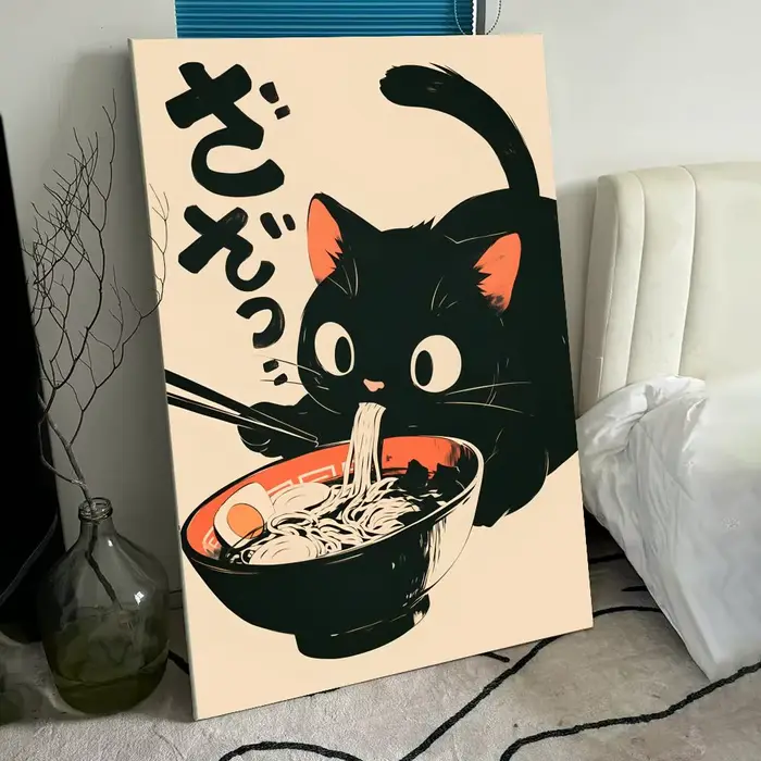 Affiche rétro mignonne de chat noir, décoration murale pour chambre, autocollants imperméables pour