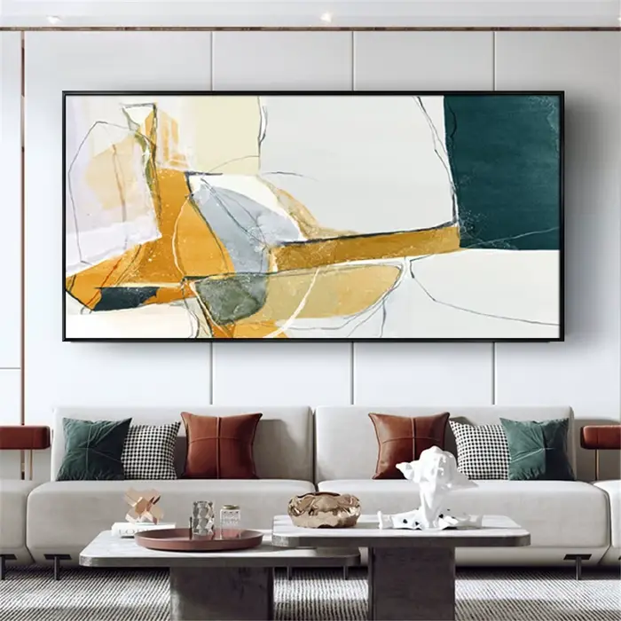 Peinture abstraite dorée et bleue peinte à la main sur toile
