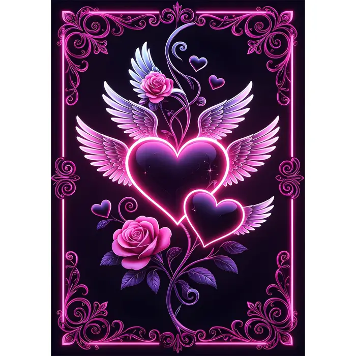 Peinture diamantée Cœur néon rêveur avec ailes, Art mural style gothique rose violet foncé, Mosaïque