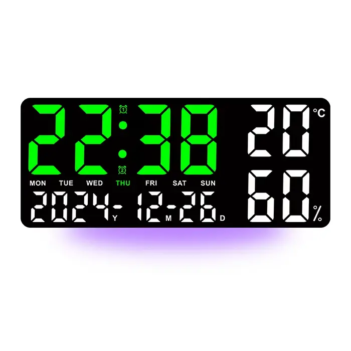 Grande horloge murale numérique avec lumière d'ambiance 7 couleurs, 2 alarmes, température, humidité