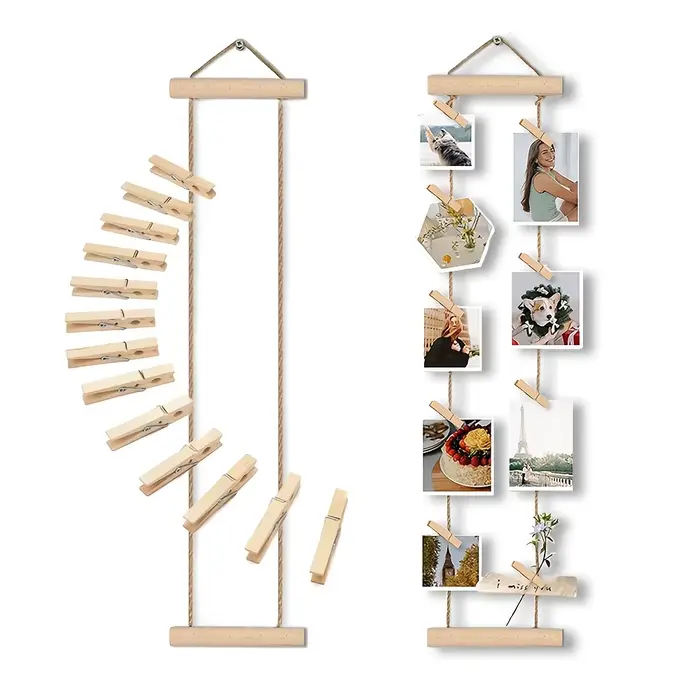Corde à suspendre les photos en bois avec pinces en bois, support d'affichage multi-photos, gain de place pour dortoir, chambre, bureau et décorations murales