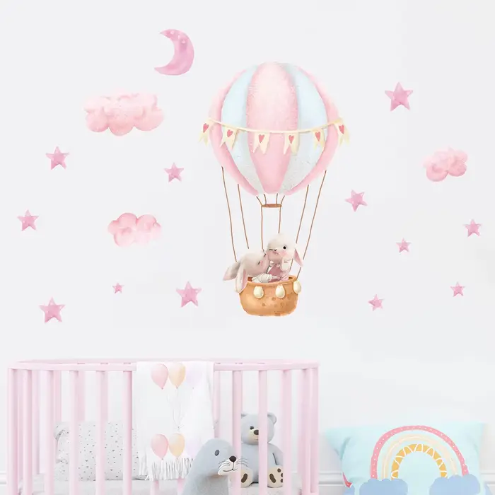 Autocollants muraux de nuages de ballon rose de lapin mignon de dessin animé, 2 pièces, décor de cha
