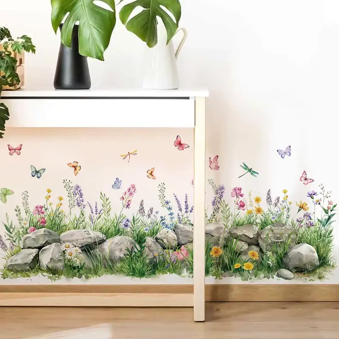 Autocollants muraux aquarelle pierres et fleurs