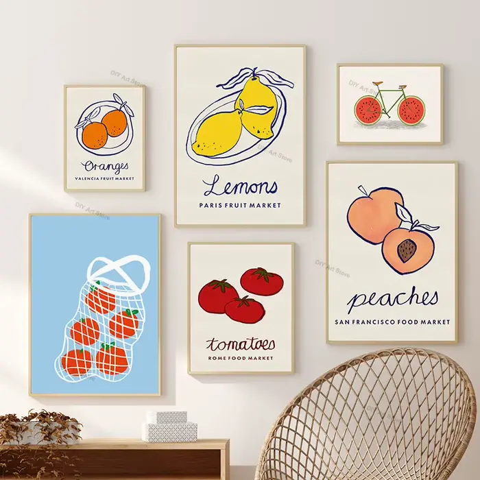 Affiche et impressions abstraites de fruits (citron, orange, pêche, tomate), peinture sur toile, décorations murales pour cuisine et salle à manger