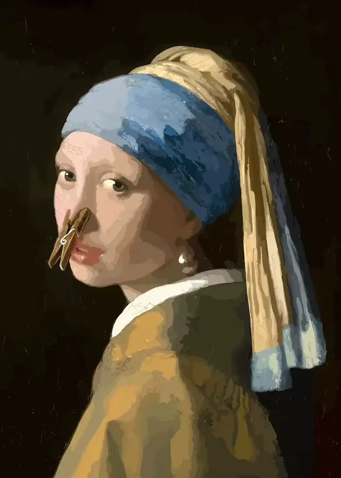Peinture drôle de décoration de salle de bains et de toilettes, Mona Lisa portant une fille de perle