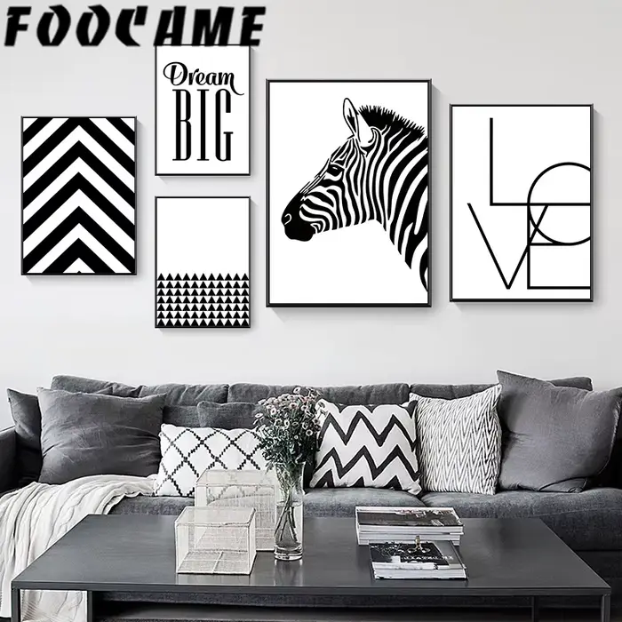 Peinture sur toile à imprimé abstrait géométrique zèbre noir et blanc