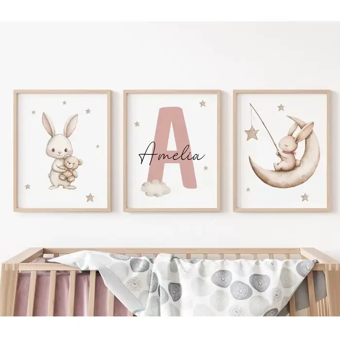 3 œuvres d'art sur mesure pour chambre d'enfant sur le thème du lapin