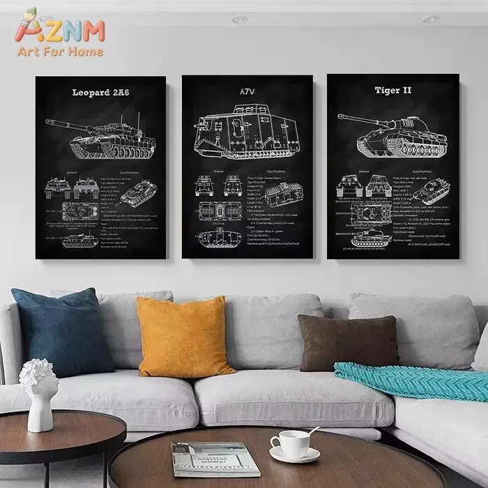 Affiche noire avec dessin technique de chars
