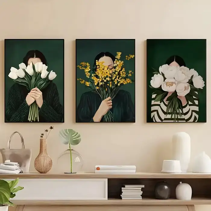 Toile imprimée de figurines abstraites vertes avec fleur