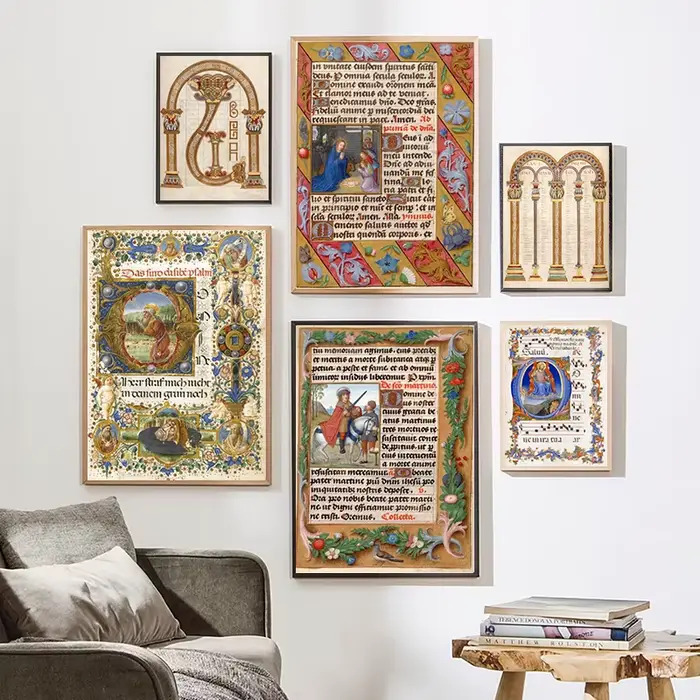 Affiches manuscrites éclairées sur le thème médiéval