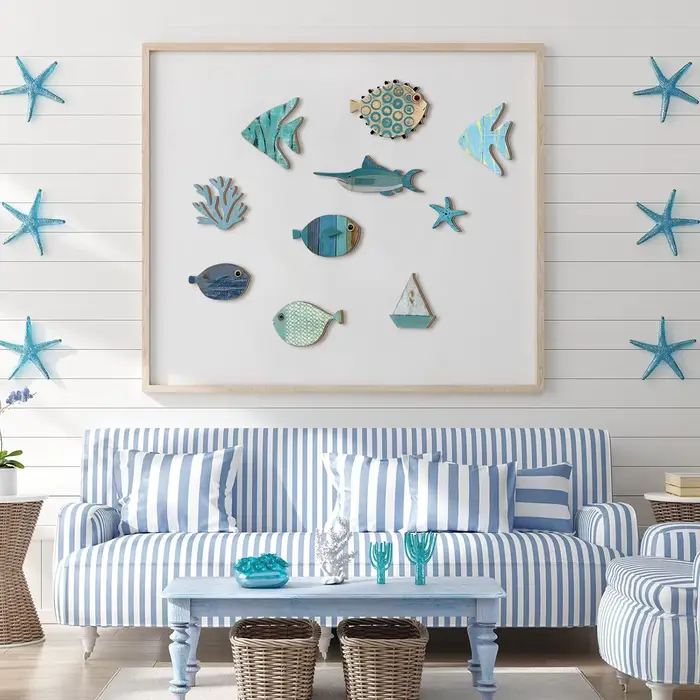 Décoration murale océan en bois fabriquée à la main – Ensemble poisson