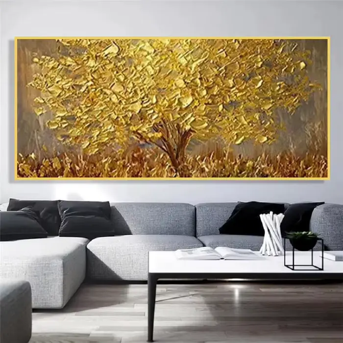 Peinture sur toile de feuilles dorées et d'arbres dorés
