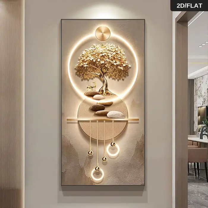 Une décoration murale moderne abstraite Arbre de Vie - élégantes arbres dorés, une peinture plate 2D